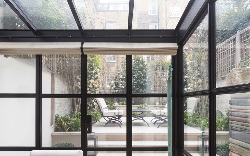 close up view of the steel framing on a modern glass extension in London