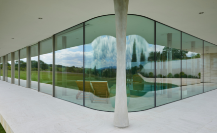 curved glass with sliding doors